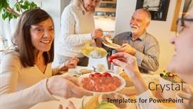  Presentation with seniors - Presentation theme with happy-group-of-seniors background and a coral colored foreground