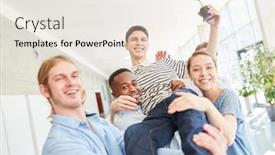  Presentation with trophy - Presentation theme featuring happy-group-of-students-celebration background and a sky blue colored foreground