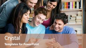  Presentation with students working in groups - PPT theme featuring happy group of students studying background and a coral colored foreground