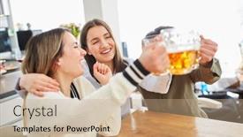  Presentation with football women - Presentation theme consisting of happy-group-of-women-hug background and a coral colored foreground