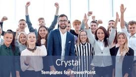  Presentation with employees - Presentation design featuring happy-group-of-young-employees background and a ocean colored foreground