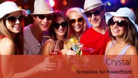  Presentation with friends - Amazing PPT theme having happy-group-of-young-friends backdrop and a red colored foreground