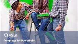  Presentation with wall paint - Amazing presentation design having happy group people paint wall at home backdrop and a ocean colored foreground