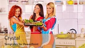  Presentation with fish - Amazing slide set having happy group women prepare fish backdrop and a  colored foreground