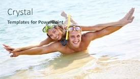  Presentation with masks - Amazing PPT layouts having happy guy and girl in scuba masks playing in water backdrop and a sky blue colored foreground
