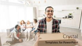  Presentation with box carton - Theme with happy-guy-taking-carton-box background and a coral colored foreground
