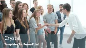  Presentation with friends - Presentation theme featuring happy-guy-telling-his-friends background and a ocean colored foreground