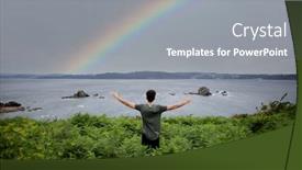  Presentation with beach rainbow - Amazing slide deck having happy-guy-with-arms-up backdrop and a gray colored foreground