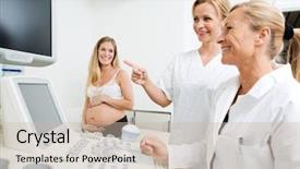  Presentation with ultrasound - Colorful PPT theme enhanced with happy gynecologists performing ultrasound scan on pregnant woman in clinic backdrop and a soft green colored foreground
