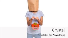  Presentation with halloween candy - Colorful presentation design enhanced with happy halloween concept teen girl with paper bag over her head holds orange pumpkin bucket isolated on white background portrait of teenager cover head with bag child waiting candy backdrop and a white colored foreground