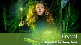  Presentation with halloween - PPT theme with happy halloween cute little witch casts a spell on a secret book background and a tawny brown colored foreground