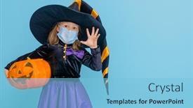  Presentation with face mask - Theme having happy-halloween-cute-little-witch background and a light blue colored foreground