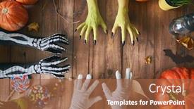  Presentation with happy holiday - PPT theme enhanced with happy halloween hands and pumpkins on the table in the home family preparing for holiday top view close up background and a red colored foreground