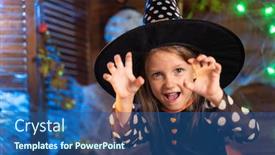  Presentation with skeletons - Theme with happy halloween little girl child in witch costume on the background of pumpkin smoke lanterns skeletons for halloween scary background and a ocean colored foreground