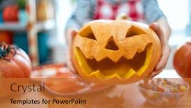  Presentation with happy-holiday - Presentation having happy halloween woman is carving pumpkin family preparing for holiday background and a red colored foreground
