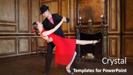  Presentation with tango - Presentation design enhanced with happy handsome girl and man in hat dancing tango in retro room background and a wine colored foreground