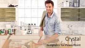  Presentation with cooking - Audience pleasing PPT theme consisting of happy handsome man cooking backdrop and a lemonade colored foreground