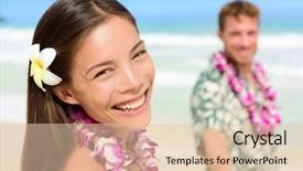  Presentation with flower woman - PPT theme consisting of happy hawaii couple in hawaiian background and a lemonade colored foreground