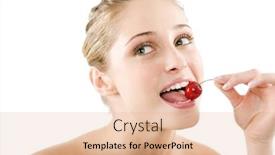  Presentation with cherry - Slide set having happy health woman with cherry isolated on white background background and a lemonade colored foreground