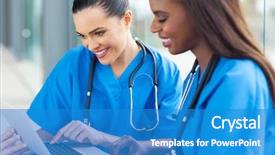  Presentation with healthcare workers - Colorful presentation theme enhanced with happy healthcare workers using laptop backdrop and a teal colored foreground