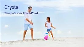  Presentation with beach ball - Colorful slide set enhanced with happy healthy family father and daughter running on the beach with ball having fun together backdrop and a sky blue colored foreground