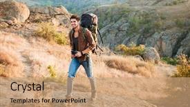  Presentation with walking - PPT layouts featuring desert - happy hiker man walking background and a  colored foreground