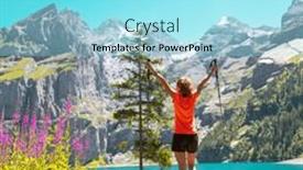  Presentation with switzerland - Theme consisting of happy-hiker-woman-standing background and a arctic colored foreground