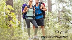  Presentation with rock climbing - Beautiful slide deck featuring happy hikers climbing on rock and smiling at camera in the nature backdrop and a mint green colored foreground
