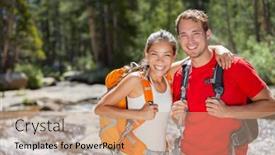  Presentation with hiking - Theme having happy-hikers-couple-hiking background and a coral colored foreground
