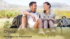  Presentation with mountain hiking - Slides featuring happy hiking couple taking a break on mountain trail on a sunny day background and a yellow colored foreground