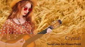  Presentation with hippie - Beautiful presentation design featuring happy hippie girl stands in a wheat field with her guitar spirit of freedom and independence backdrop and a gold colored foreground