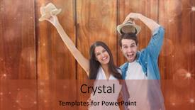  Presentation with shimmering - Presentation having happy hipster couple smiling at camera and cheering against shimmering light design on red background and a red colored foreground