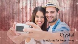  Presentation with shimmering - PPT theme with happy hipster couple taking a selfie against shimmering light design on red background and a coral colored foreground