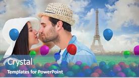  Presentation with couple kiss - Presentation theme featuring happy hipster couple about to kiss against eiffel tower background and a teal colored foreground