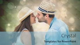  Presentation with couple kiss - Presentation enhanced with happy hipster couple about to kiss against light design shimmering on green background and a light blue colored foreground