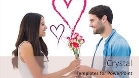  Presentation with giving - Beautiful presentation theme featuring happy hipster giving his girlfriend roses against valentines love hearts backdrop and a coral colored foreground