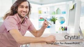  Presentation with electronic - Audience pleasing PPT theme consisting of happy hipster holding electronic cigarette backdrop and a  colored foreground