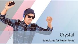  Presentation with blue music - Slide set with headphones enjoying music against blue background and a light blue colored foreground