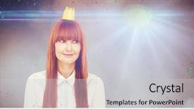  Presentation with disco - Slides having happy hipster woman with a crowned against illuminated disco lights at disco background and a light gray colored foreground