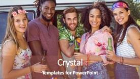  Presentation with music festival - Beautiful presentation design featuring happy hipsters smiling at camera at a music festival backdrop and a red colored foreground