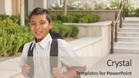  Presentation with students walking on campus - Audience pleasing presentation design consisting of happy hispanic boy with backpack backdrop and a soft green colored foreground