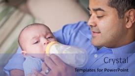  Presentation with bottle - Audience pleasing presentation design consisting of happy-hispanic-father-bottle-feeding backdrop and a teal colored foreground