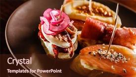  Presentation with tapas - Slide set with happy hour party - tapas on crusty bread background and a tawny brown colored foreground