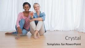  Presentation with house - Amazing PPT theme having happy-housemates-showing-their-new backdrop and a soft green colored foreground