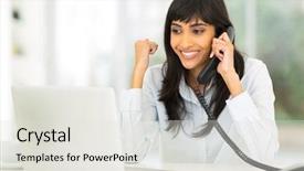  Presentation with indian - Cool new slide set with laptop telephone - happy indian businesswoman receiving exciting backdrop and a light gray colored foreground