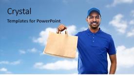  Presentation with food delivery - Slide deck featuring happy indian delivery man food background and a light blue colored foreground
