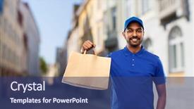  Presentation with food city - Audience pleasing presentation design consisting of happy indian delivery man food backdrop and a ocean colored foreground