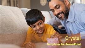  Presentation with piggy bank - Colorful theme enhanced with happy-indian-son-saving-money backdrop and a red colored foreground