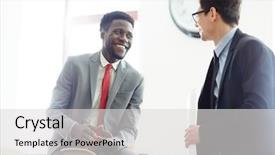  Presentation with contemplating - Presentation enhanced with happy intercultural businessmen contemplating background and a light gray colored foreground