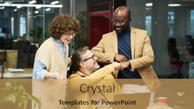  Presentation with intercultural - Presentation theme with happy-intercultural-businessmen-making-punch background and a yellow colored foreground